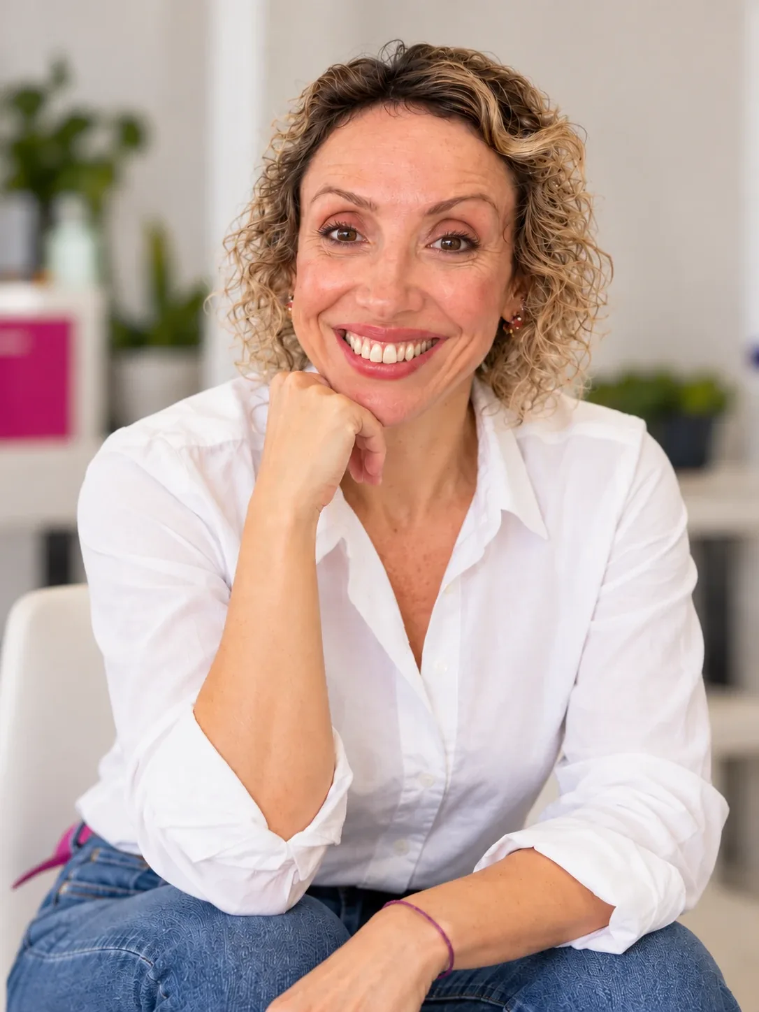 Retrato de Encar Centella, sonriendo y apoyando la barbilla en la mano